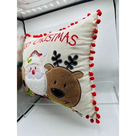 Merry Christmas Pillow Santa Reindeer Pom Pom Decorative Throw Cushion Holiday - Picture 7 of 8